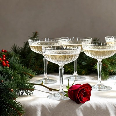 Champagne Glasses with Christmas Greenery