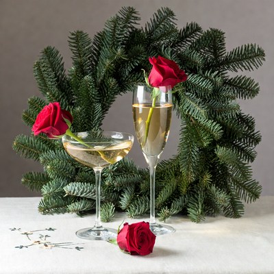 Champagne Glasses with Red Roses and Wreath