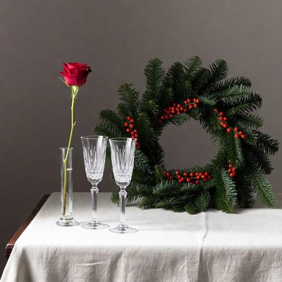 Red Rose, Wine Glasses, Christmas Wreath