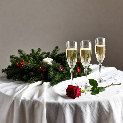Three Champagne Glasses with Christmas Wreath