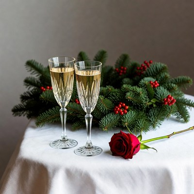 Two Champagne Glasses with Red Rose