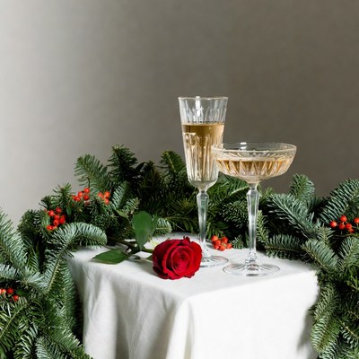 Champagne glasses with rose and Christmas greenery