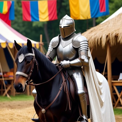 Knight in shining armor on black horse