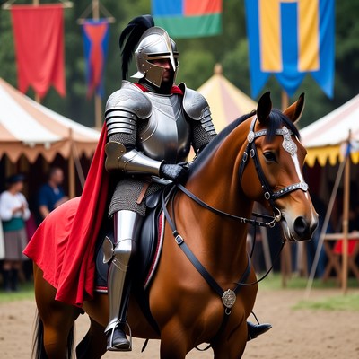 Knight in silver armor on brown horse