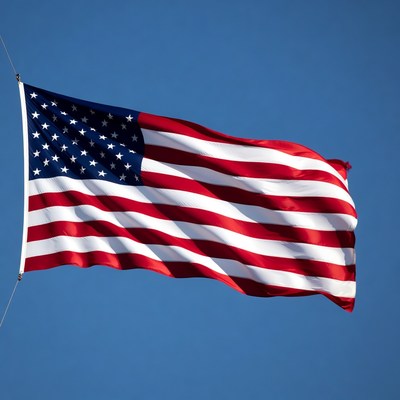 American Flag Waving in Blue Sky