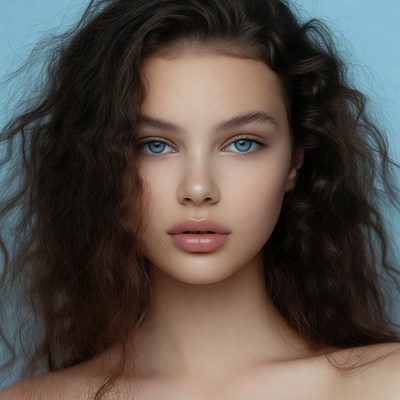 Woman with curly brown hair blue eyes