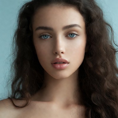 Woman with blue eyes and wavy brown hair