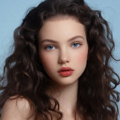 Young woman with curly hair blue eyes