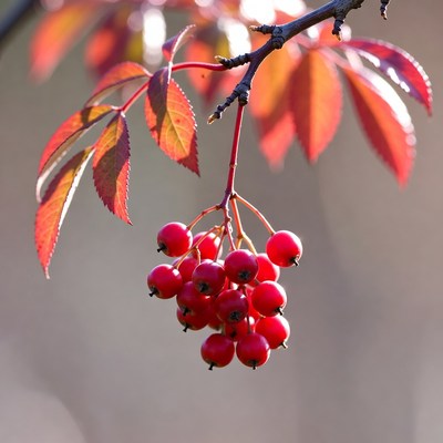Red Mountain Ash Berries on Autumn Leaves