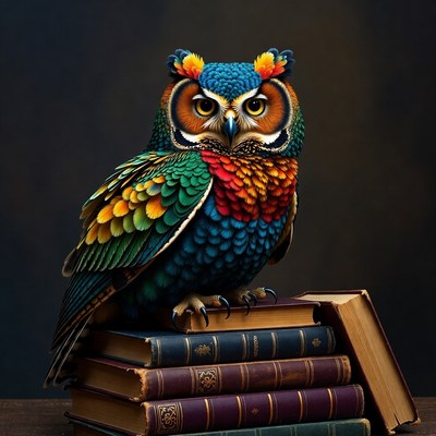 Colorful Owl Perched on Books