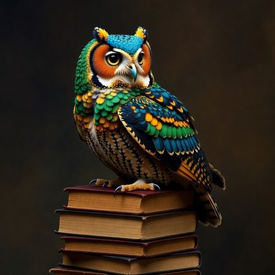 Colorful Owl Perched on Books