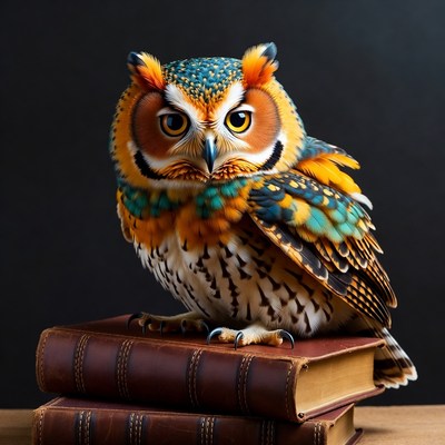 Colorful Owl Perched on Books