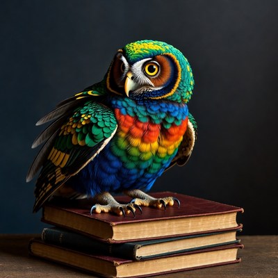 Colorful Rainbow Owl on Books