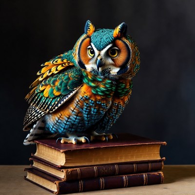 Colorful Owl Perched on Books