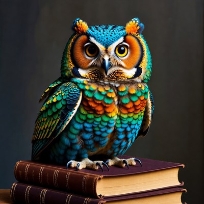 Colorful Owl on Stack of Books