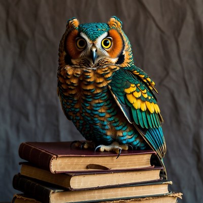 Colorful Owl Perched on Books