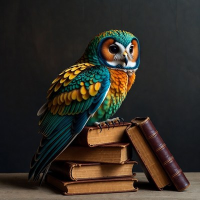 Colorful Owl Perched on Books