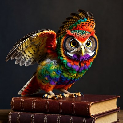 Rainbow Owl Standing on Books