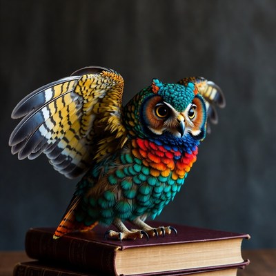 Colorful Owl Standing on Books