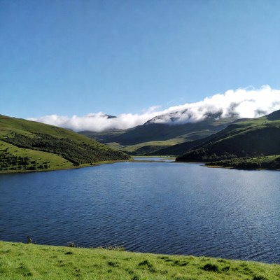 Mountain Lake with Clouds and Green Hills