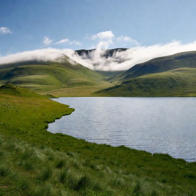 Mountain Lake with Foggy Peaks