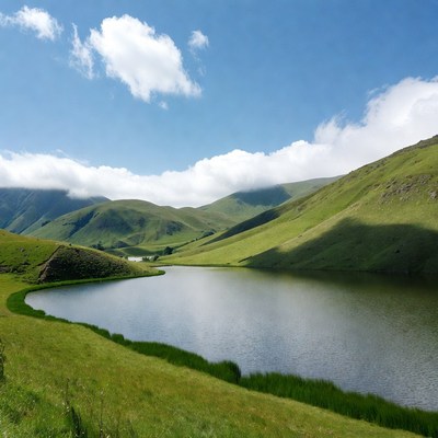 Serene lake amid green rolling hills