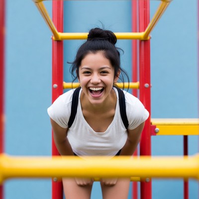 Smiling Latina girl on playground monkey bars