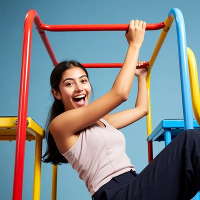 Girl hanging on colorful playground bars