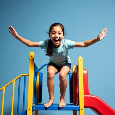 Asian girl jumping on playground slide