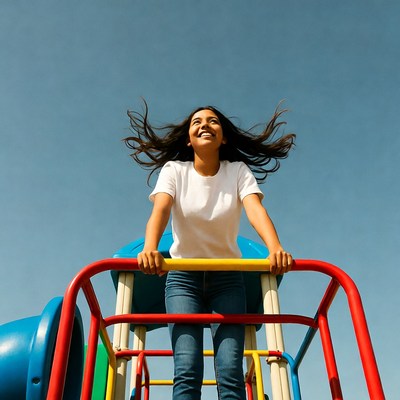 Smiling woman on playground equipment