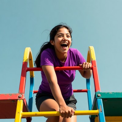 Asian girl climbing playground slide