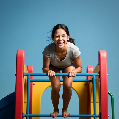 Asian woman smiling on playground bars