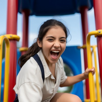 Girl laughing on playground slide
