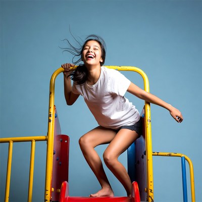 Asian girl laughing on playground slide