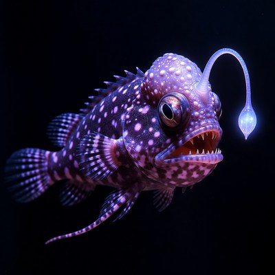 Glowing Purple Anglerfish in Dark Ocean