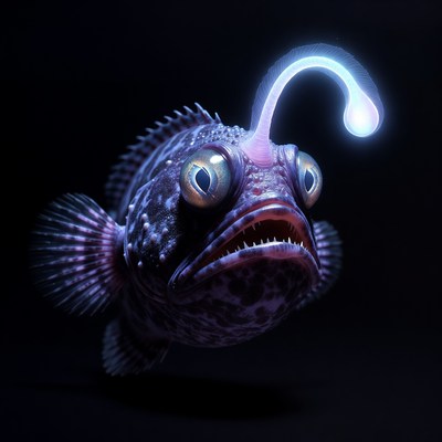 Glowing Anglerfish in Dark Ocean