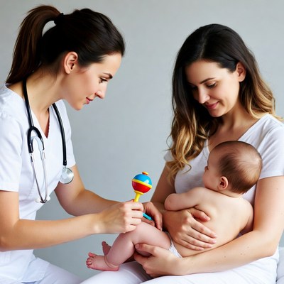 Nurse handing rattle to baby held by mother