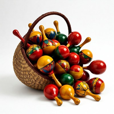 Colorful Maracas in Wicker Basket