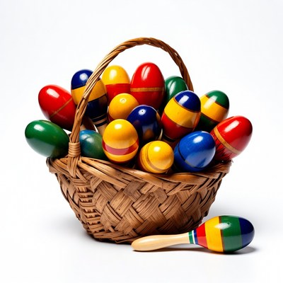 Colorful Maracas in Wicker Basket