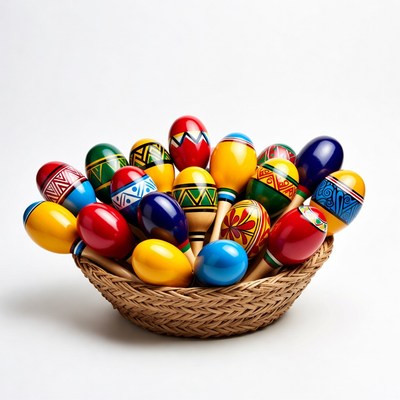 Colorful Maracas in Wicker Basket