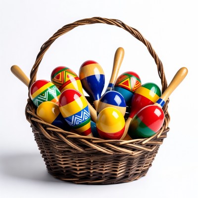 Colorful Maracas in Wicker Basket