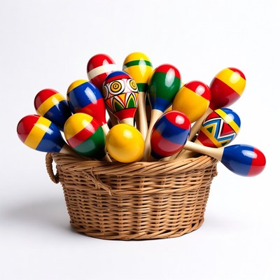 Colorful Maracas in Wicker Basket