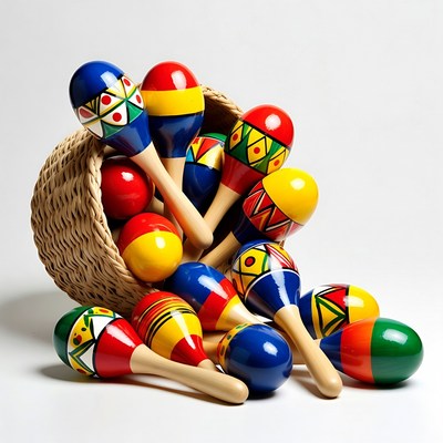 Colorful Maracas in Wicker Basket