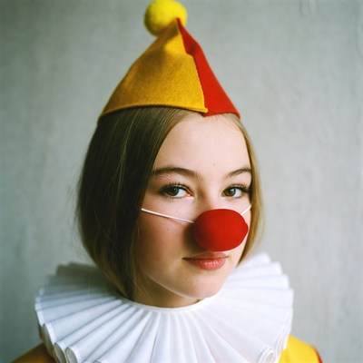 Girl in yellow red clown costume