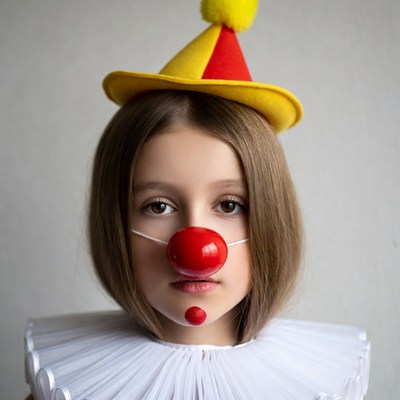 Girl in clown costume with red nose