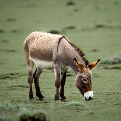 Donkey grazing in green field