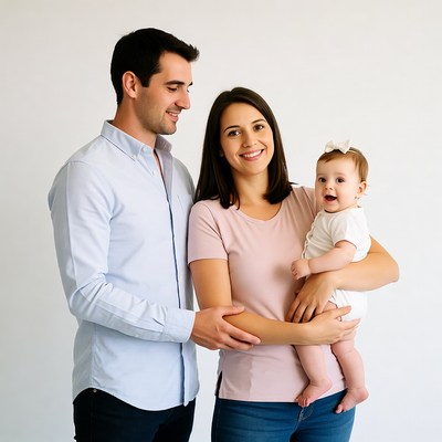 Smiling family with baby on white background