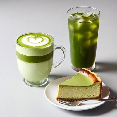 Matcha Latte, Iced Tea, and Cheesecake