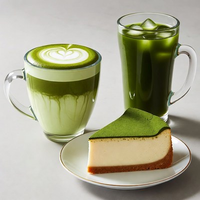 Green Matcha Latte and Cheesecake