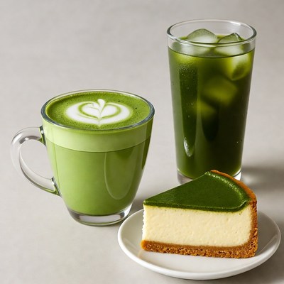 Matcha Latte, Iced Tea, Cheesecake